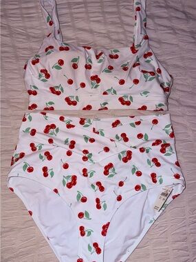 aerie White Cherry Print High-Waist Bikini Set